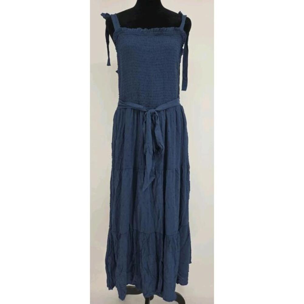 Lucky‎ Brand Smocked Tiered Maxi Dress XL Indigo Blue Tie Strap Boho Midi Dress